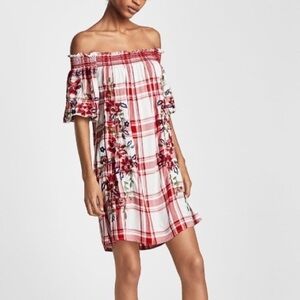 Zara Red Check Dress With Floral Embroidery Off Shoulder Dress Size S